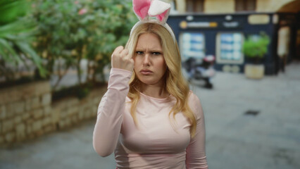 Fototapeta premium Blonde woman wearing bunny ears playfully showing a fist in a funny gesture while standing outdoors in a city street setting, surrounded by greenery and urban architecture.
