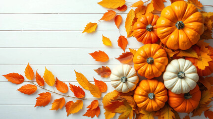 Festive autumn pumpkins on a white wooden background
