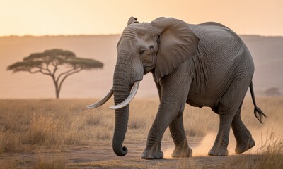 Obraz premium African elephant in golden savanna sunrise