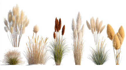 Elegant ornamental grasses and pampas grass tufts, isolated landscaping elements, realistic botanical details