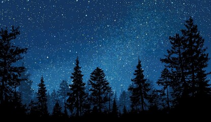 Fototapeta premium Dark silhouettes of pine trees against a vast night sky filled with stars and the Milky Way