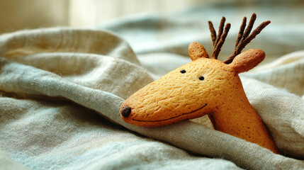 Gingerbread cookie shaped like reindeer with chocolate antlers and eyes resting on soft beige fabric, evoking warmth and coziness