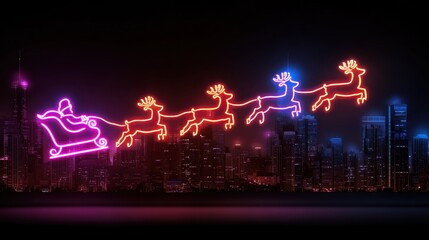 Glowing Neon Outline of Santa's Sleigh and Reindeer over Cityscape
