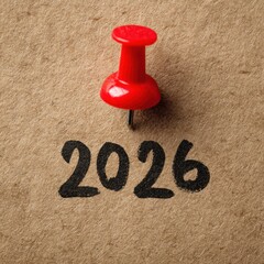 Red Push Pin on Kraft Paper with Bold 2026 Written Below