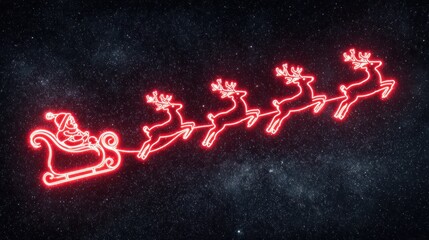 Neon Red Light Santa Sleigh with Reindeer Against Starry Background