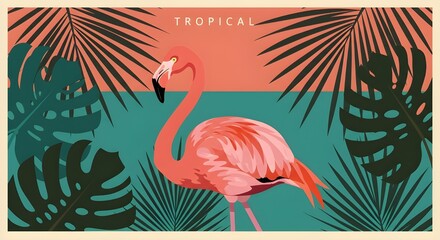 Naklejka premium Tropical poster with pink flamingo and large palm fronds, graphic composition, saturated midtones