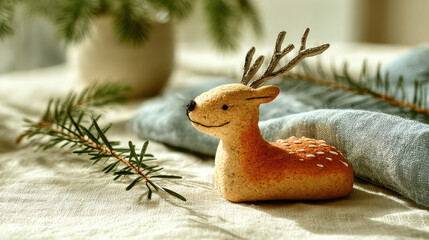 Gingerbread cookie shaped like reindeer with antlers on tablecloth surrounded by pine branches, evoking cozy holiday mood