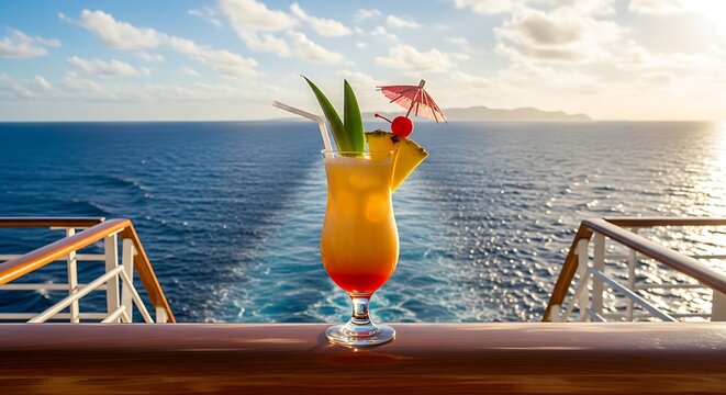 Tropical cocktail drink on cruise ship deck with ocean view.