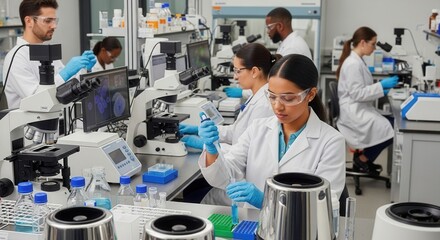 Diverse scientists in a modern lab wearing protective gear conduct experiments with microscopes pipettes and various instruments analyzing samples