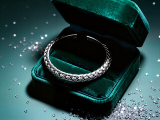 Silver Braid Cuff in Emerald Velvet Box