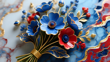 Blue and red  flowers on marble texture background 