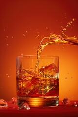 Amber liquid pours into a rocks glass filled with ice against a warm orange backdrop, creating dynamic splashes and droplets