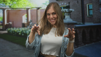 Young blonde woman makes claw gesture with bare hands in front of sunlit brick building; playful...