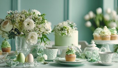 Pastel-toned Easter spread with floral arrangements, cakes, and cupcakes