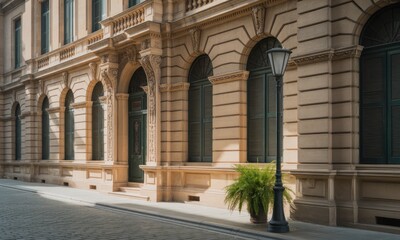 Fototapeta premium Beige building facade with arched windows and a lamp post