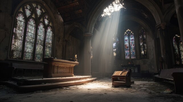 Abandoned Church Interior with Sunlight Beams