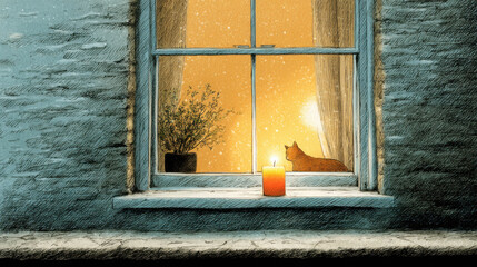 Cozy cottage window framed with frost shows cat sitting inside near glowing candle and potted plant, creating warm peaceful scene