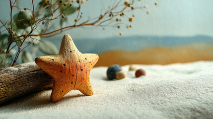 Rustic wooden star with black dots leans on driftwood surrounded by sand and small stones, evoking calm beach atmosphere