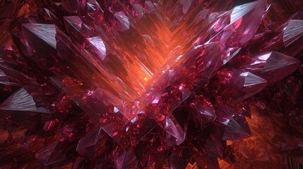 A detailed illustration of an array of vibrant, geometrically complex red crystal structures.