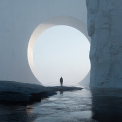 Solitary figure stands on rocky terrain near calm water, facing large circular opening in massive stone structure, evoking mystery and solitude