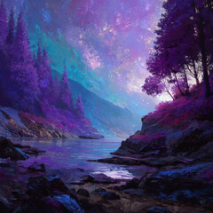 Mystical river flowing through vibrant purple forest with glowing sky and distant mountains, creating serene and magical atmosphere