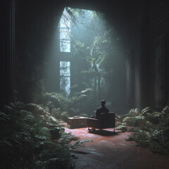 Man sitting on armchair in abandoned room overgrown with plants and illuminated by soft natural light, creating mysterious and peaceful atmosphere
