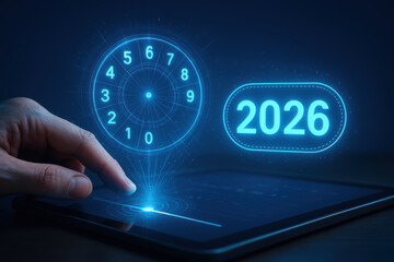 Sales pipeline lead scoring for 2026 concept with hand interacting on digital tablet and futuristic holographic interface glowing in dark