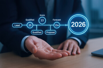 Sales pipeline lead scoring forecast proposal qualified 2026 business concept with hand gesture and digital interface for future planning