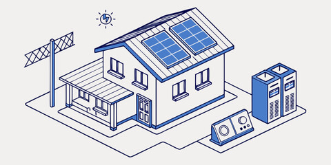 Simple off-grid solar cell system with house concept, inverter, panels, and components infographic vector. © Rahim