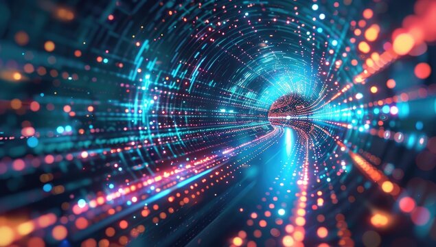 An abstract digital tunnel visualization with vibrant, swirling lights and data streams, creating a sense of speed and movement through a futuristic, cyberspace-like environment