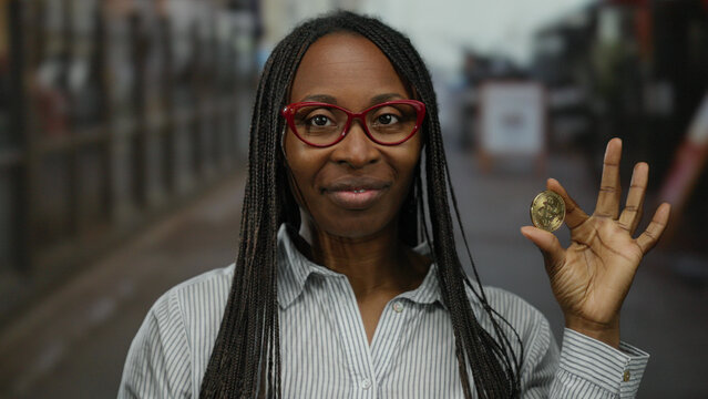 Woman holding bitcoin outdoors in urban street wearing glasses and striped shirt showcasing cryptocurrency in city environment. - Powered by Adobe