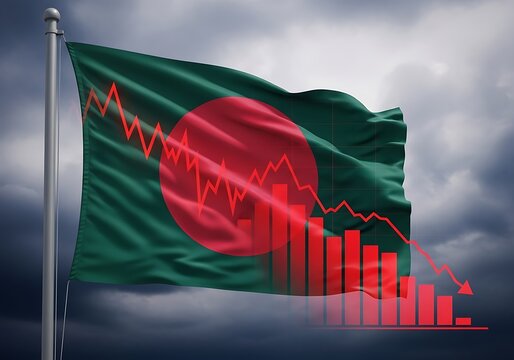 Bangladesh flag waving against a stormy sky with a downward trending stock market graph overlay - Powered by Adobe