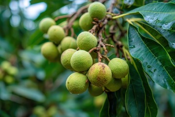 Cluster of Ripe Macadamia Nuts Suspended on Lush Green Tree in a Fruit Farm