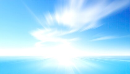 An abstract image depicting a bright, sun-drenched sky meeting a calm, reflective horizon, with light streaks radiating outwards creating a sense of movement and serenity