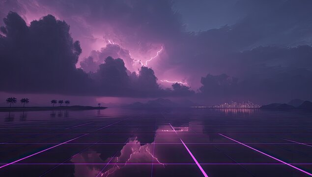 A digital landscape, retro-futuristic, with a calm water surface reflecting a stormy sky.  Neon lines crisscross the foreground - Powered by Adobe