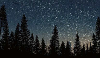 Fototapeta premium Silhouette of tall pine trees against a star-studded night sky