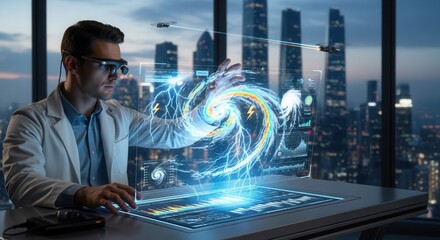 Individual in lab coat and smart glasses interacting with a holographic display showing a swirling storm and data with city buildings visible