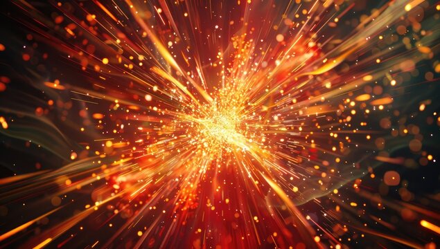 An abstract image depicting a fiery explosion or burst of energy, radiating outwards from a central point with streaks of light and particles