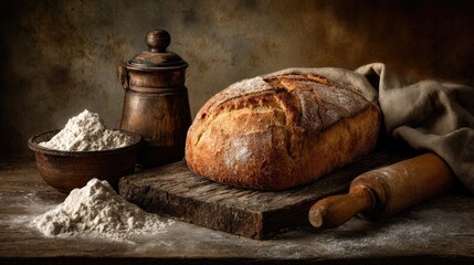 Rustic loaf of bread on a weathered wooden board, surrounded by flour and a rolling pin