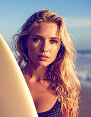 Close up portrait of beautiful blonde surfer girl