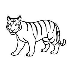 A simple black and white line drawing of a majestic tiger walking