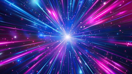 An abstract image depicting a radiant burst of vibrant pink and blue light streaks emanating from a central point against a dark, starry backdrop
