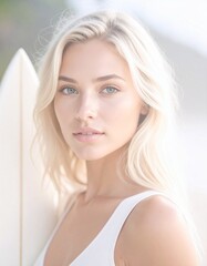 Close up portrait of beautiful blonde surfer girl