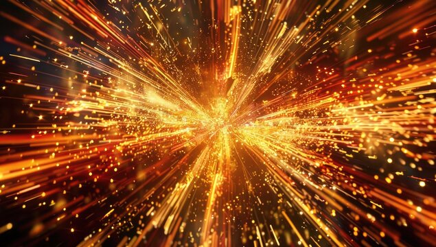 An abstract image depicting a radiant explosion of golden and orange light streaks emanating from a central point, creating a dynamic and energetic composition against a dark background