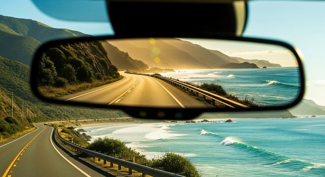 Rearview mirror reflecting a coastal highway with ocean views and mountains, capturing a scenic road trip moment.