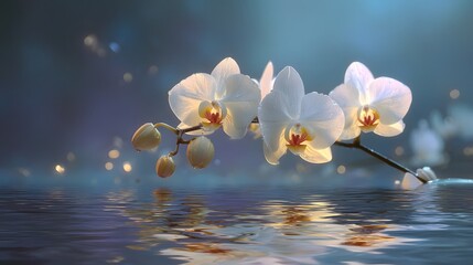 Zen Floral Reflection: White Phalaenopsis Orchids Hovering Above Dark Water Surface