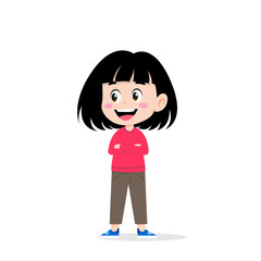 Teenage girl with a smile and black hair in red clothes and pants