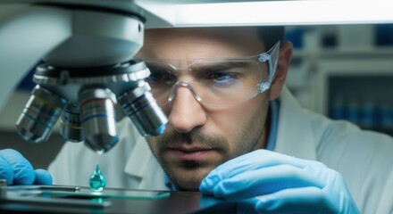 Person in protective eyewear and gloves viewing a liquid sample through a microscope in a laboratory