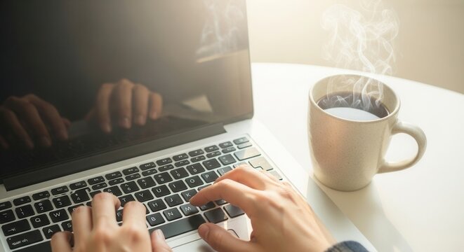 Person typing on a laptop keyboard next to a steaming mug of coffee on a white surface with light from the right