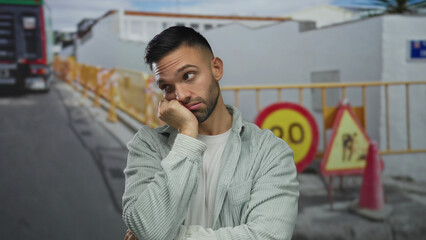 Young hispanic man at construction site, leaning on hand with expression of boredom while standing...